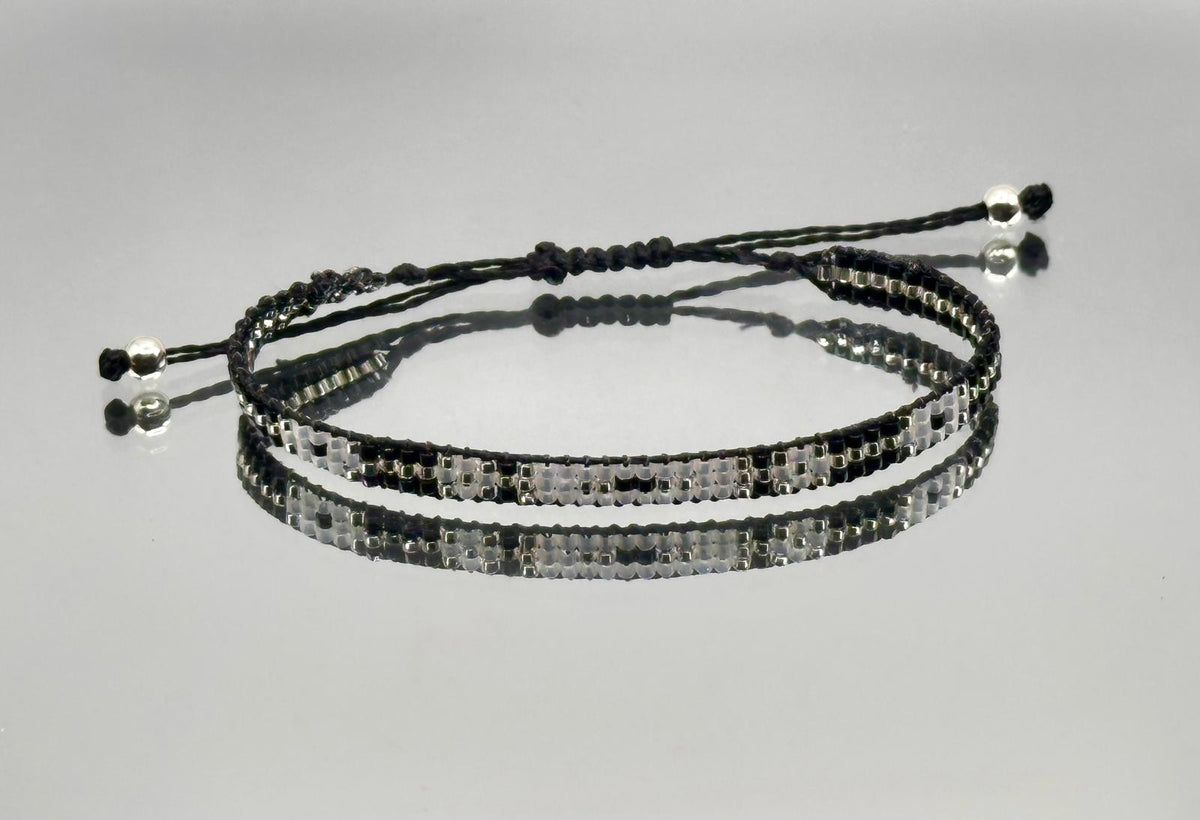 Bracelet Ysée noir, Blanc Argent - Miyuki 3 rangs