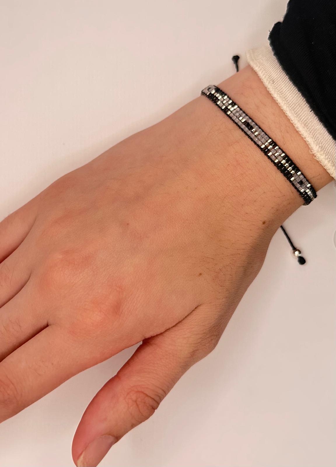 Bracelet Ysée noir, Blanc Argent - Miyuki 3 rangs